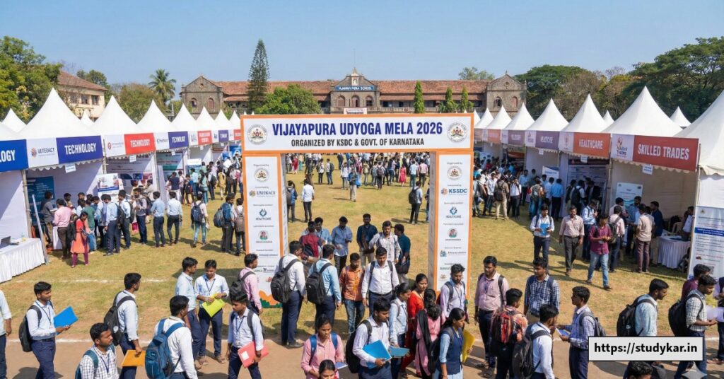 Candidates attending Vijayapura Udyoga Mela 2026 at Darbar High School Campus